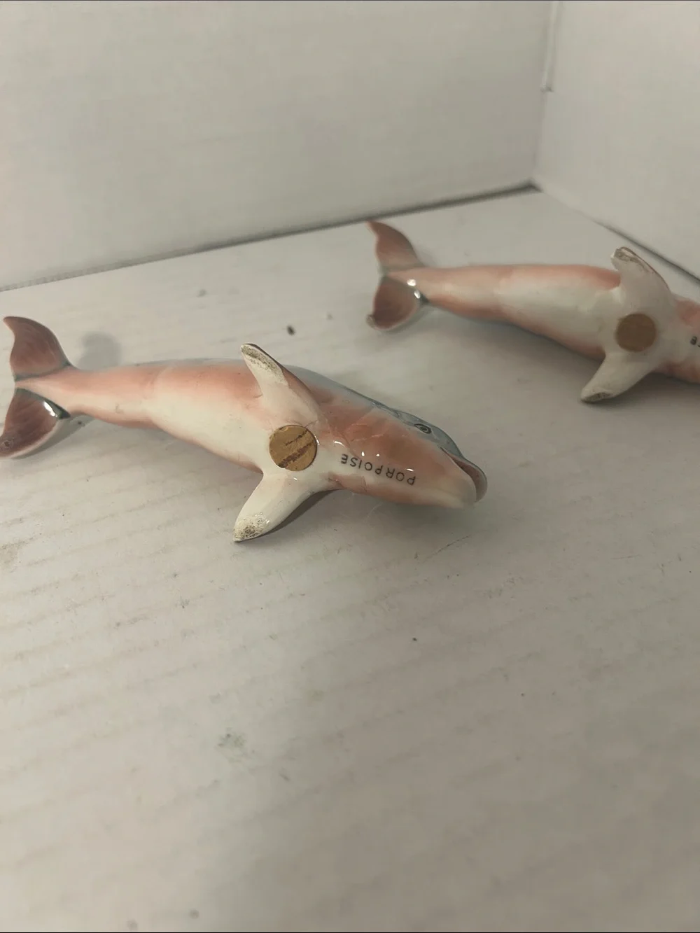 Ceramic Dolphin Figurine - Teal and Peach Decorative Fish Salt and pepper
